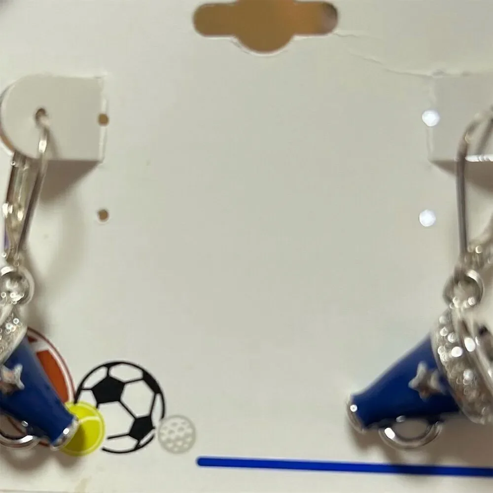 Blue Enamel Crystal Megaphone Cheer Earrings Team Spirit Jewelry